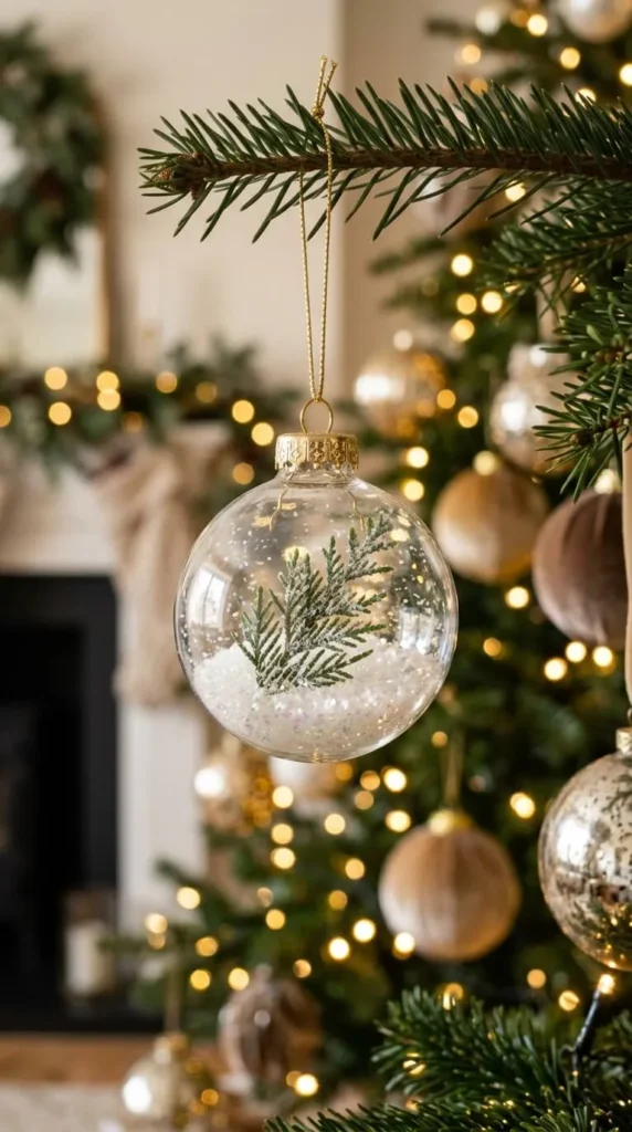 Glass ornament with pine sprig, glittery snow, hanging on tree