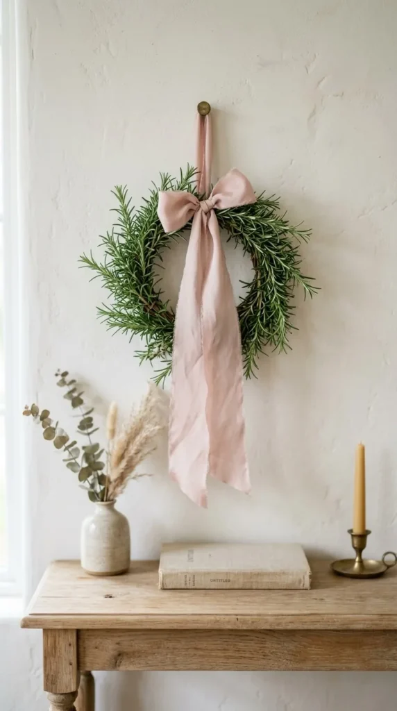 Rosemary wreath with pink ribbon hangs above wooden table shelf
