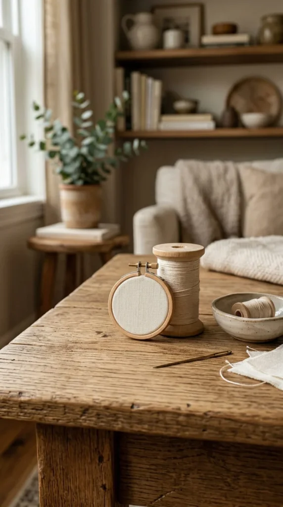 Wooden table holds embroidery hoop, thread, needle, fabric, and bowl.