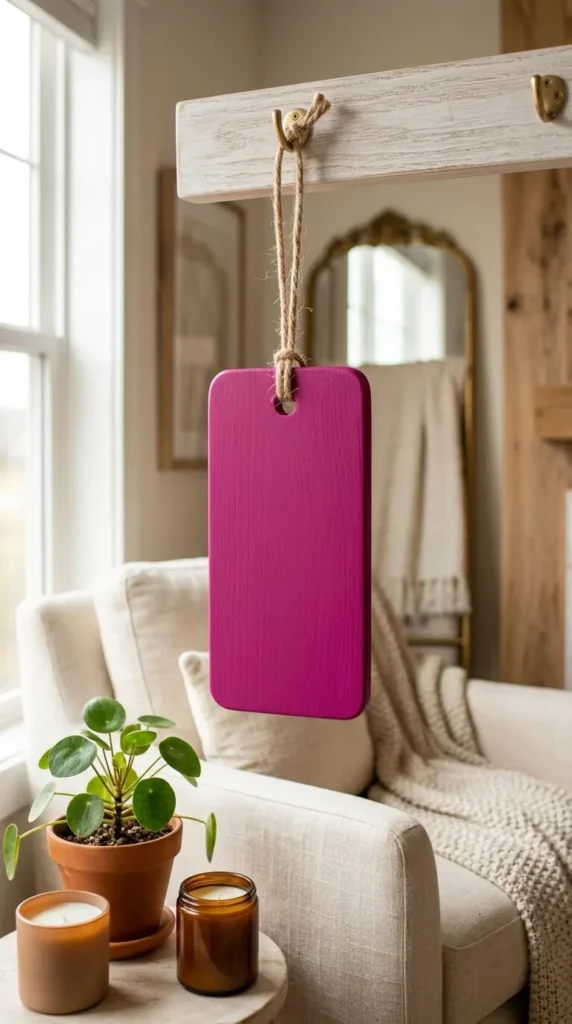 Bright pink cutting board hangs from rope on wooden beam