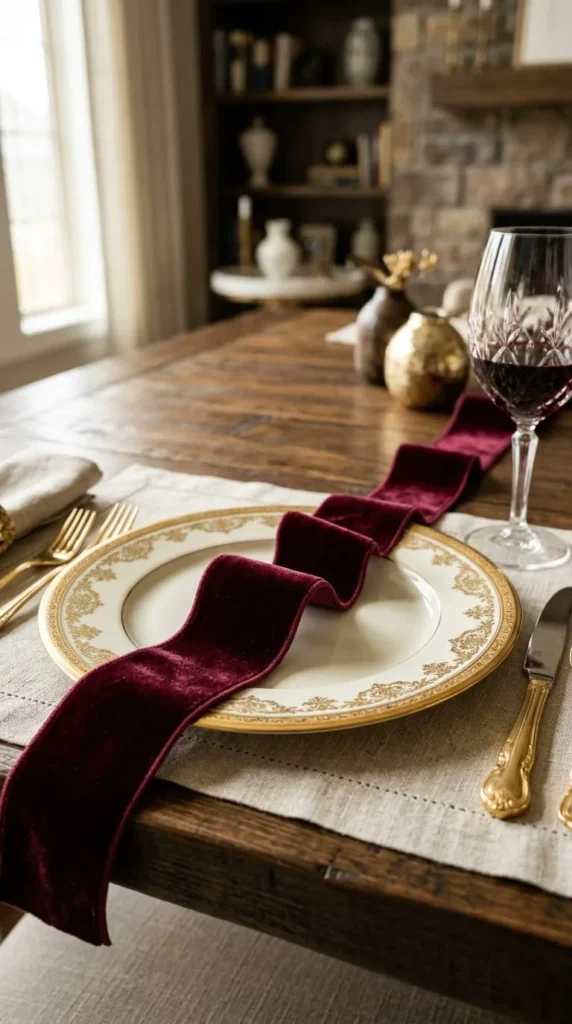 Elegant dinner setting with gold utensils burgundy runner wine glass