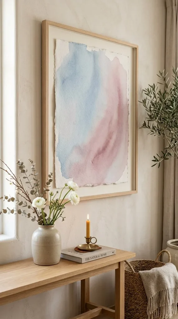 Framed watercolor artwork above wooden console with vase candle book