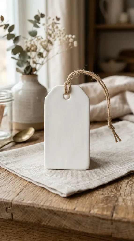 White ceramic tag with twine on linen napkin on table