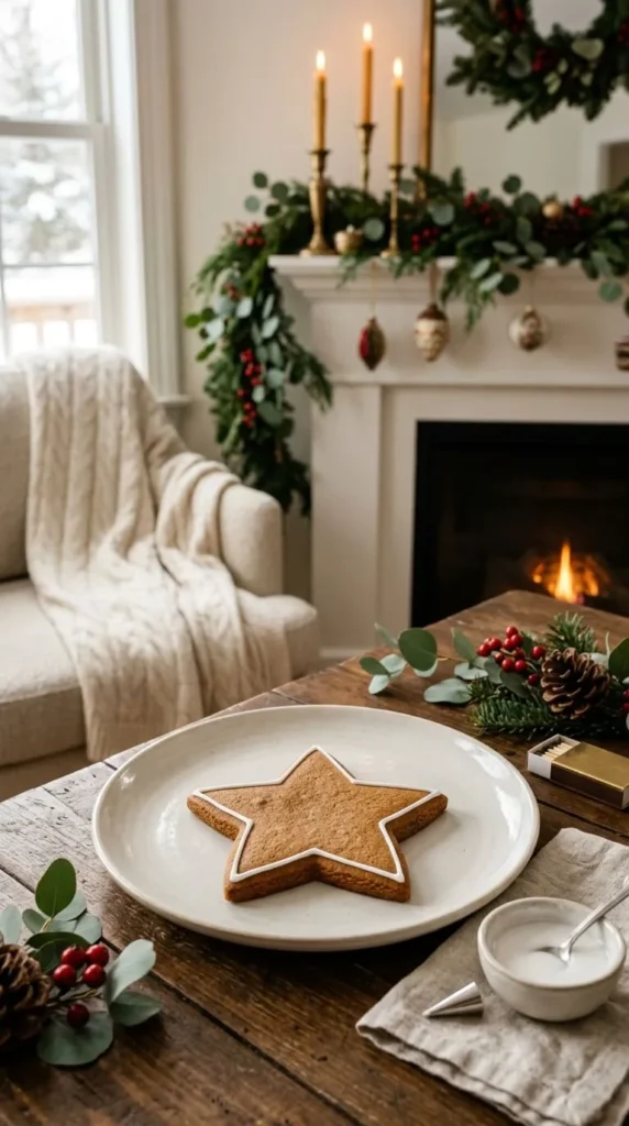 Gingerbread star cookie on a white plate near the fireplace