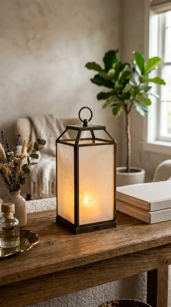 Illuminated lantern on wooden table beside books and flowers cozy