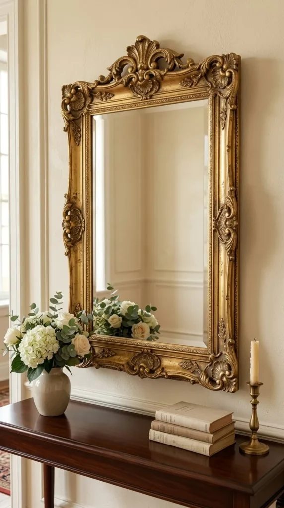 Ornate gold mirror above console table with flowers, books, candle