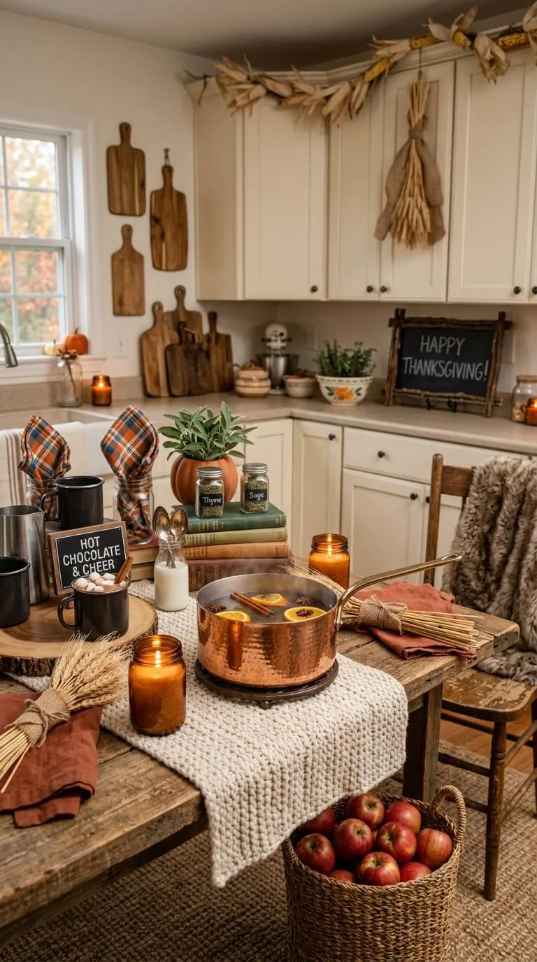 Cozy kitchen table displays hot chocolate, copper pot, apples, Thanksgiving.