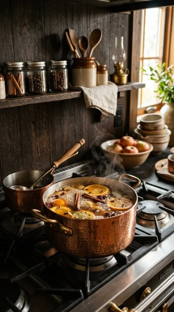 Copper pot simmering spiced cider with orange slices and cinnamon.
