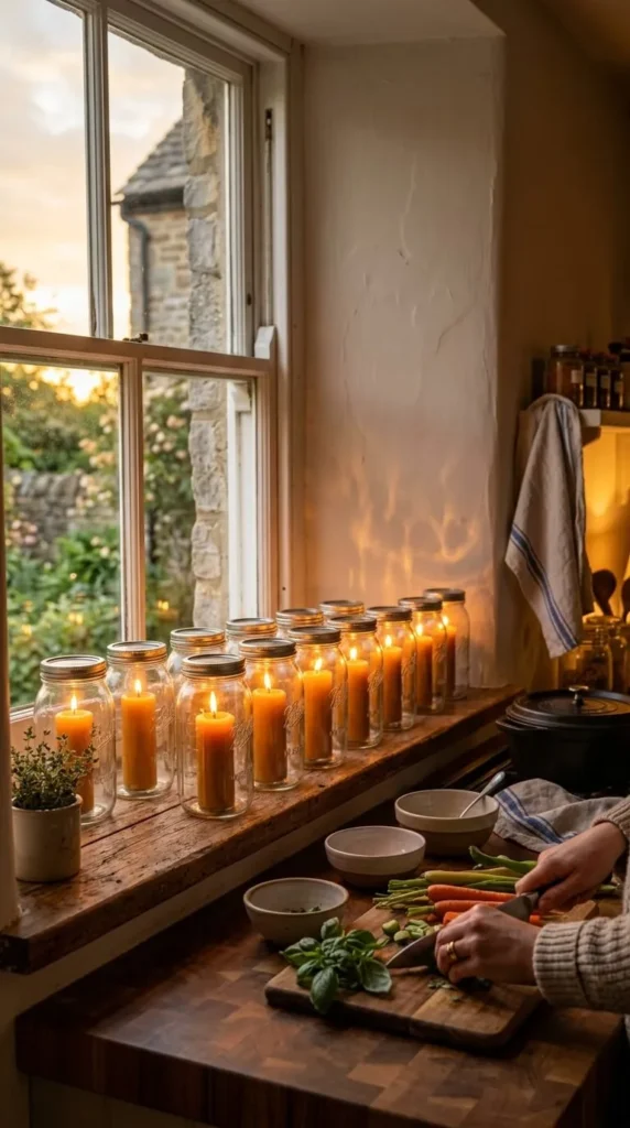 Warm kitchen scene with candles in jars, hands chopping vegetables.