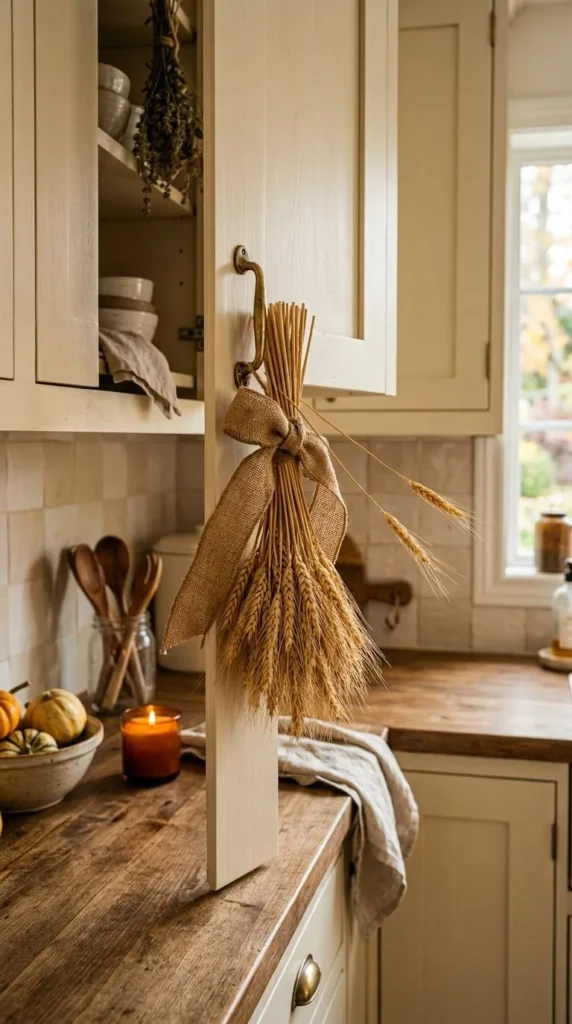 Rustic kitchen, wooden wheat bundle hanging, candle, pumpkins, open cabinet.