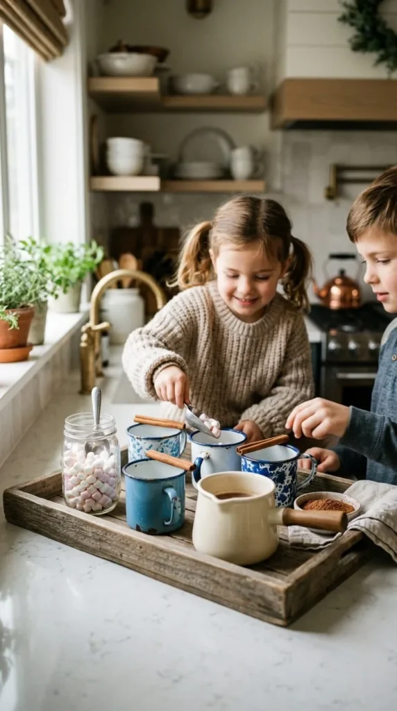 Two children prepare hot drinks with marshmallows and cinnamon together.