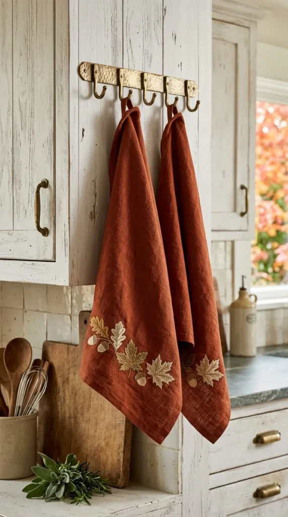 Brown leaf-embroidered towels hang on brass hooks in rustic kitchen.