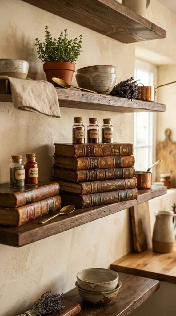 Rustic wooden shelves display books, herbs, and kitchen items together