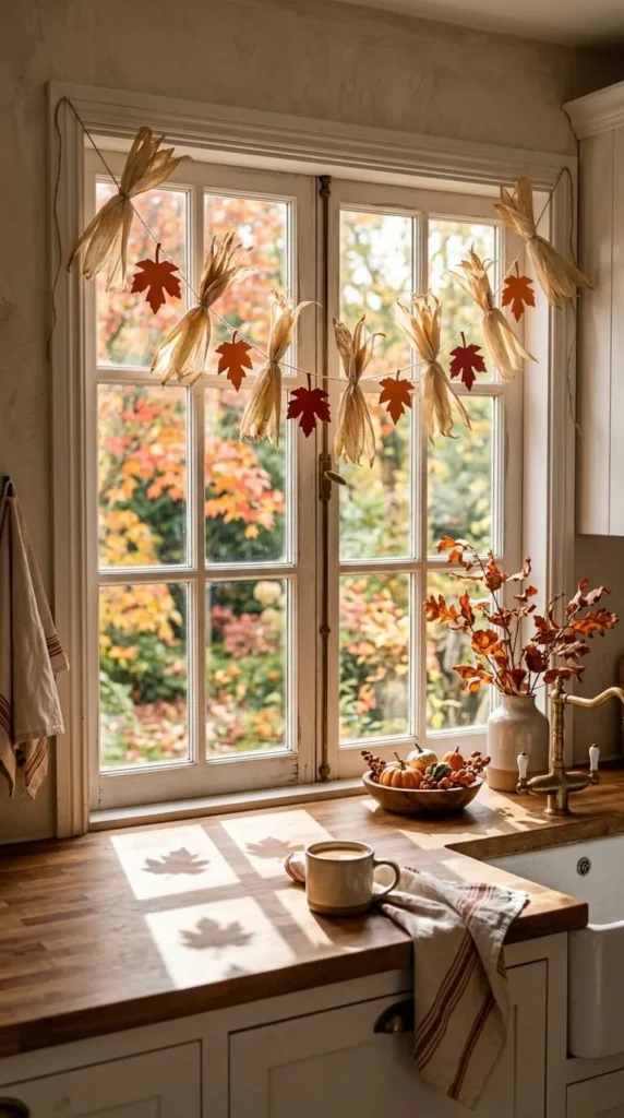 Autumn garland hangs on window above counter with coffee mug