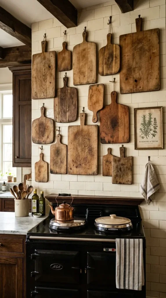 Rustic kitchen wall displays assorted wooden cutting boards, copper kettle