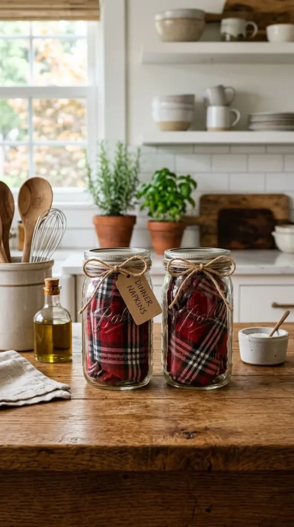 Two mason jars with red plaid napkins on wooden table.