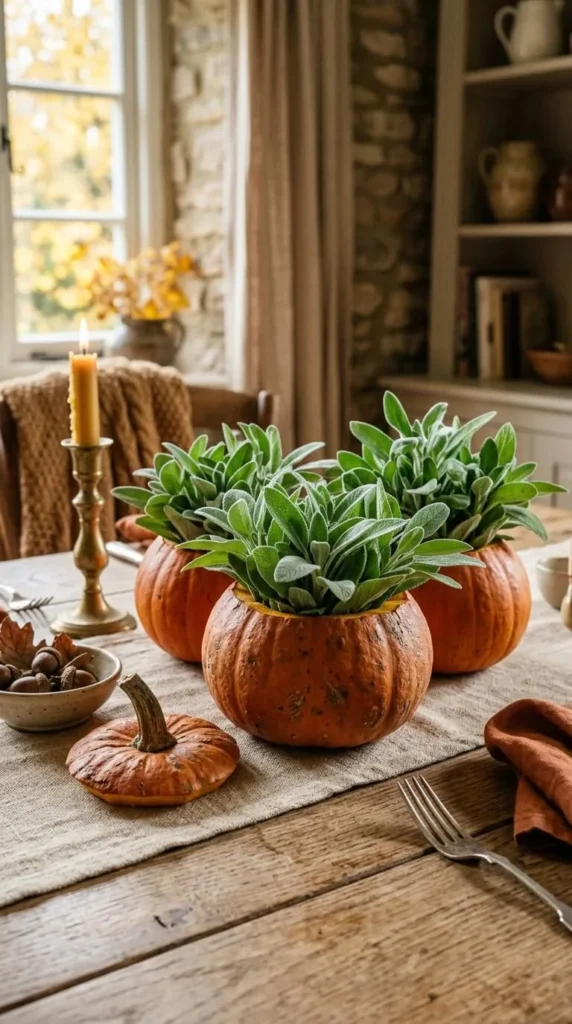 Autumn table setting with pumpkins, green plants, candle, rustic decor.