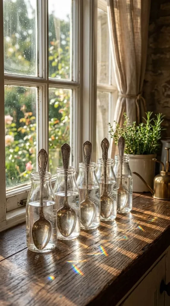 Sunlit wooden windowsill holds glass bottles with spoons garden view