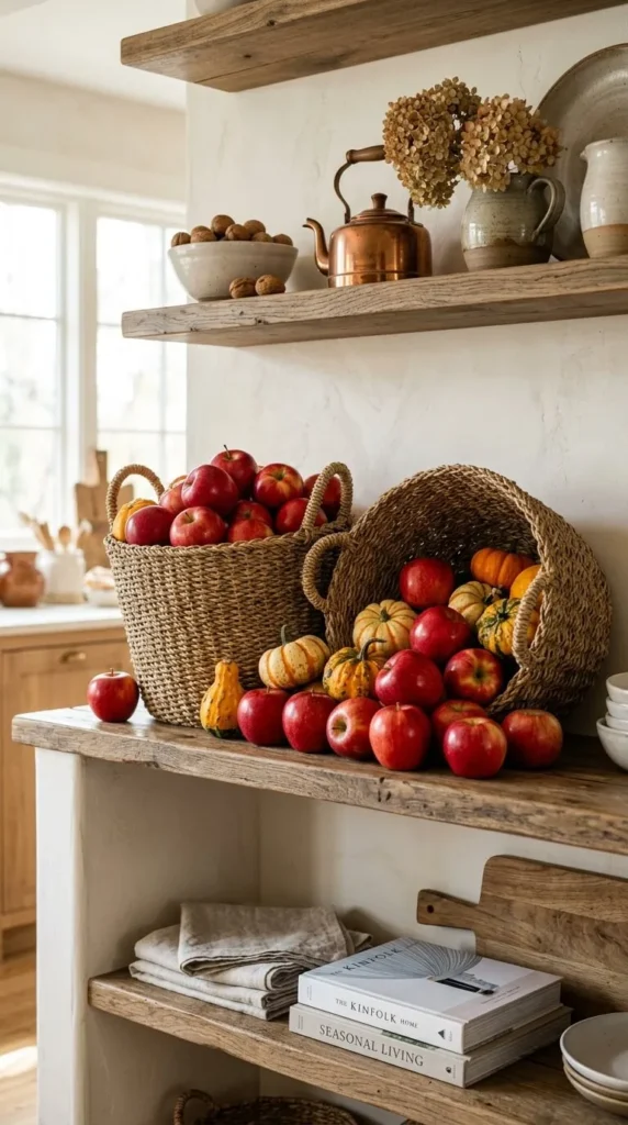 Rustic kitchen shelves display apples, pumpkins, woven baskets, copper kettle.