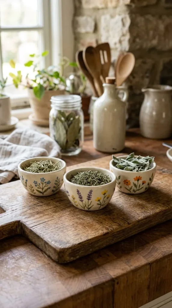 Three bowls of dried herbs on a wooden cutting board