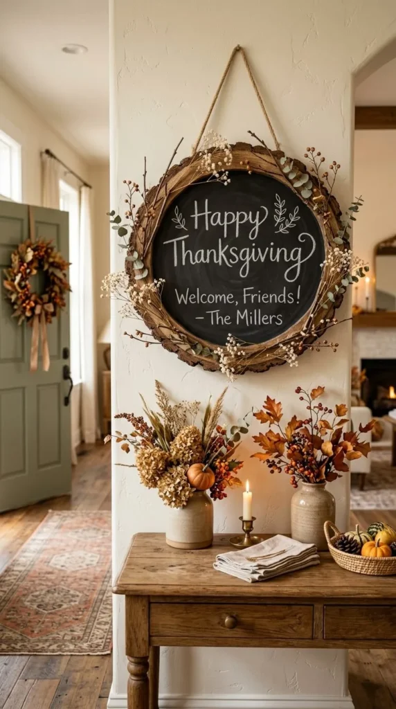 Happy Thanksgiving sign hangs above wooden table with floral arrangements.