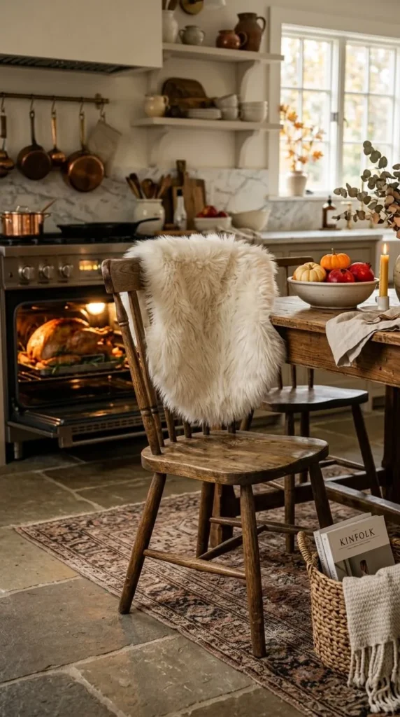 Cozy kitchen with roasted turkey, wooden chair, and autumn decorations.