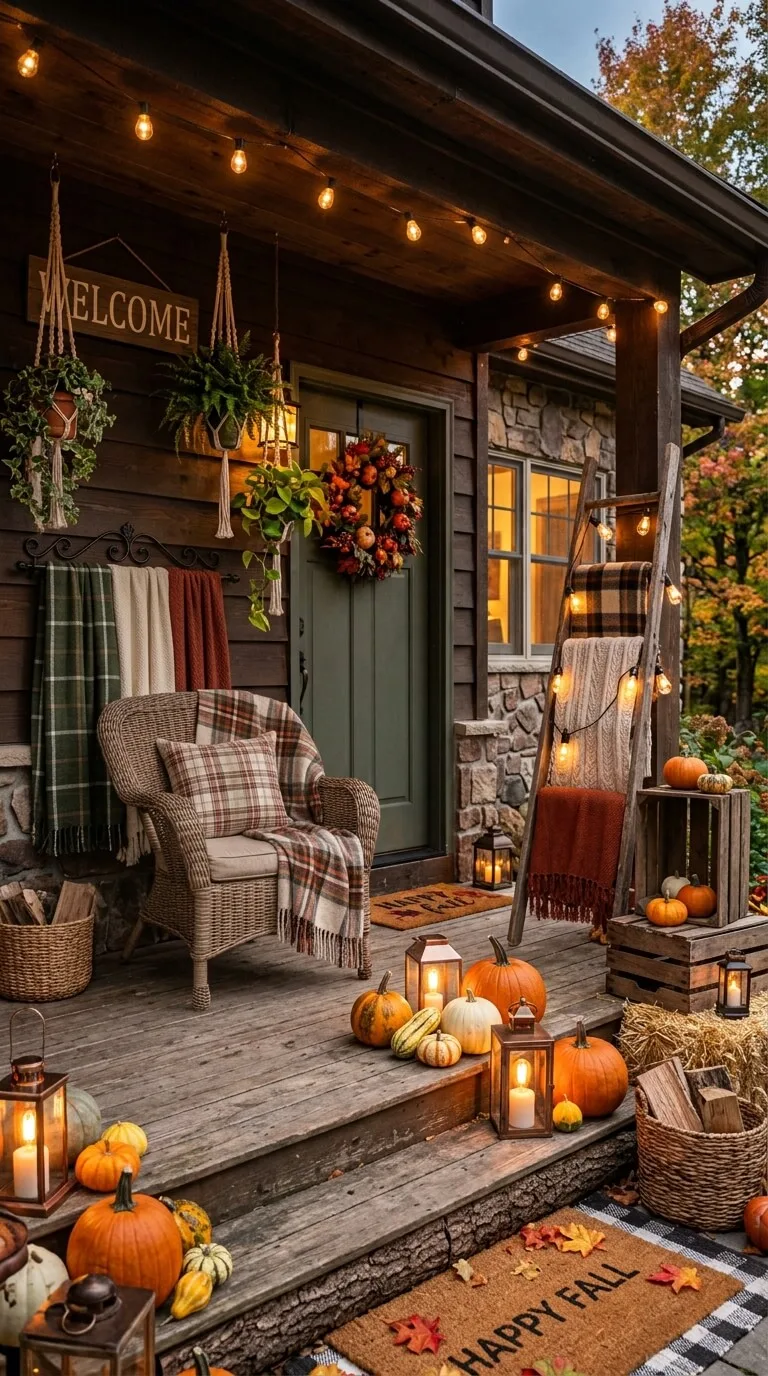 Cozy autumn porch with pumpkins lanterns wreath and welcome sign