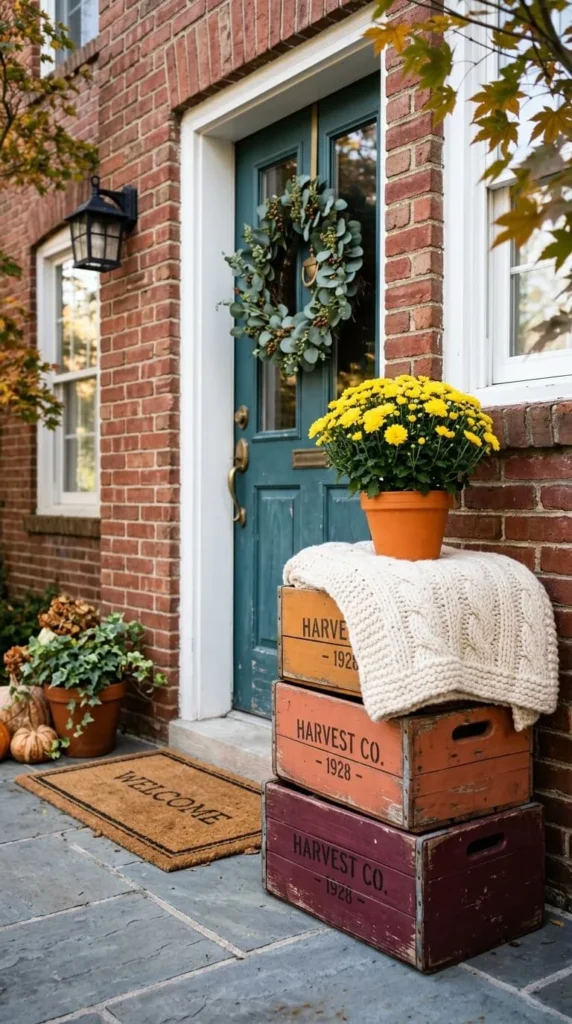 Teal door with wreath, yellow flowers, stacked crates, welcome mat.