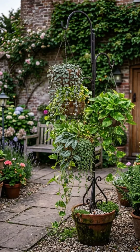 Metal stand with hanging baskets in garden, brick wall background.