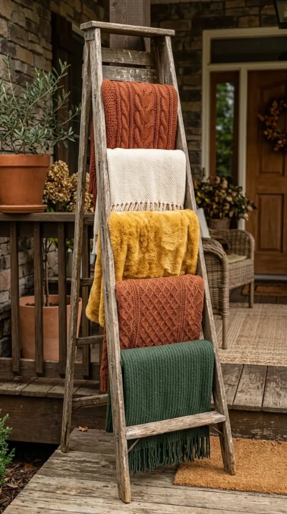 Rustic ladder displays colorful knitted blankets on autumn porch warm