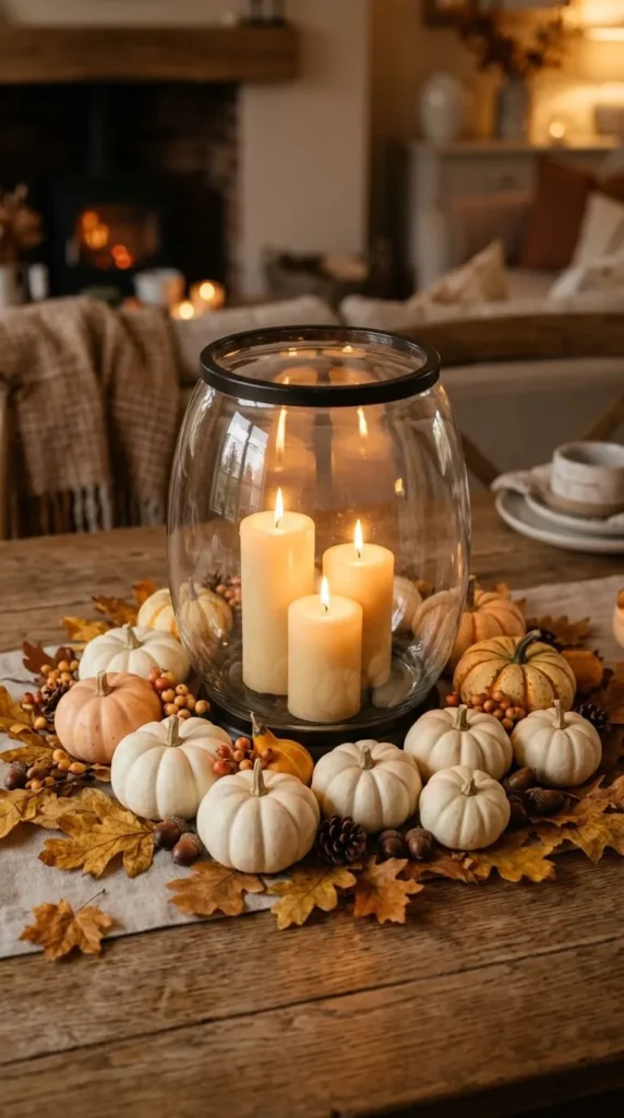 Glass jar with three candles, pumpkins, autumn leaves on table.