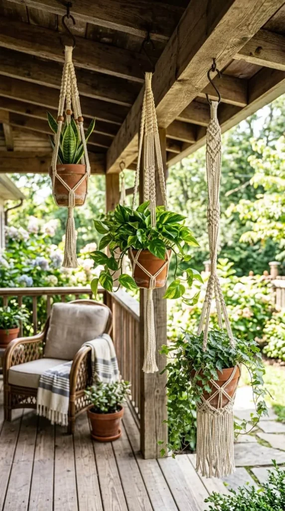 Macrame plant hangers with potted plants on a wooden porch