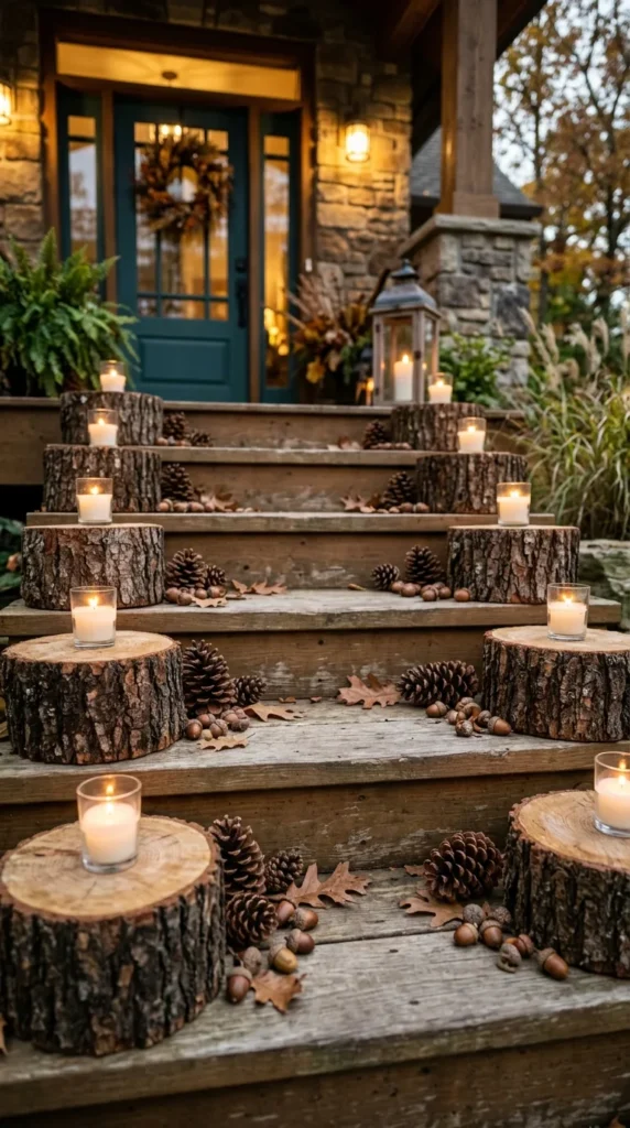 Candlelit tree stumps line wooden steps toward teal door autumn.