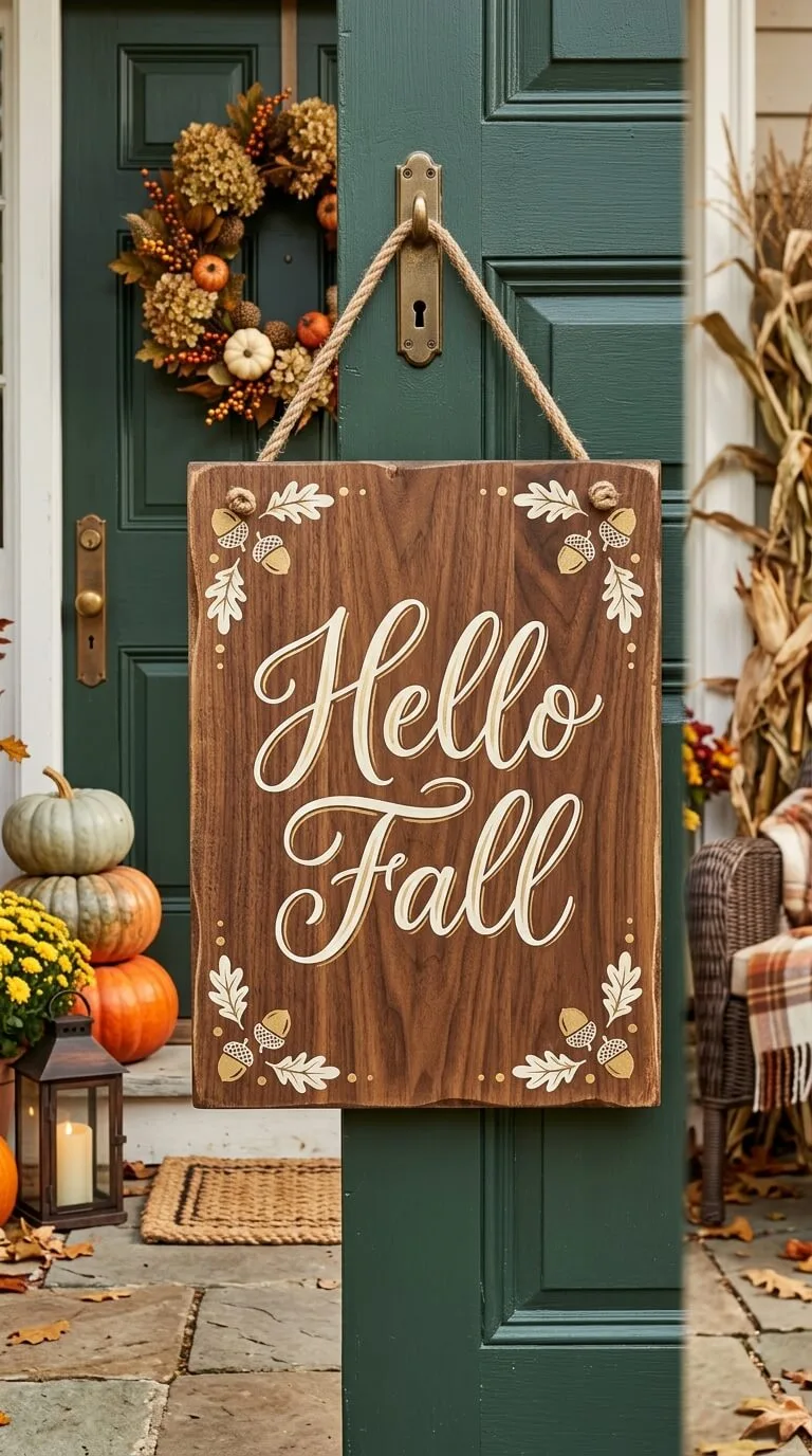Green door with fall wreath, pumpkins, and Hello Fall sign