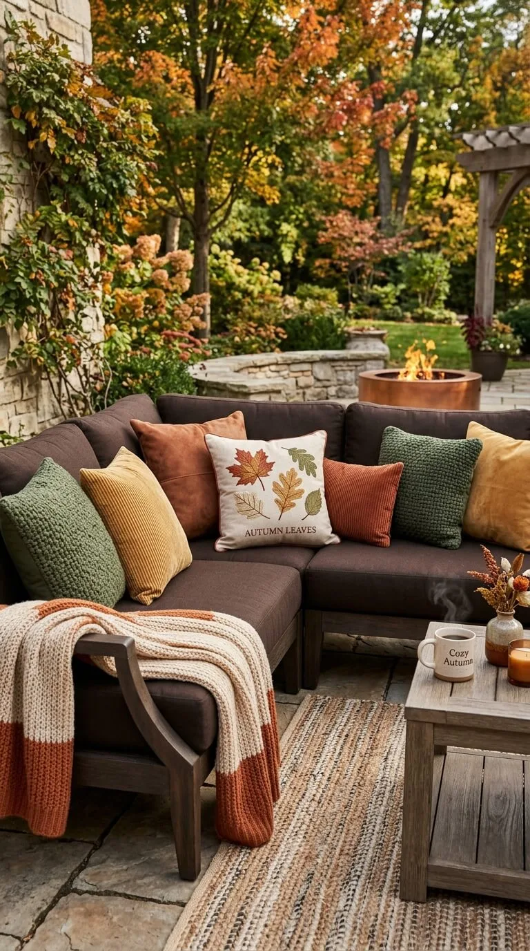Cozy patio with brown sectional autumn pillows and fire pit