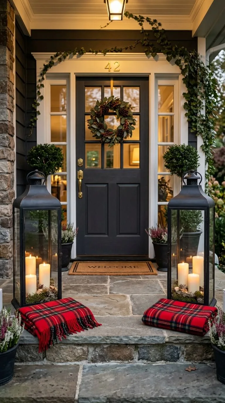 Front door with wreath, lanterns, candles, plaid blankets, welcome mat