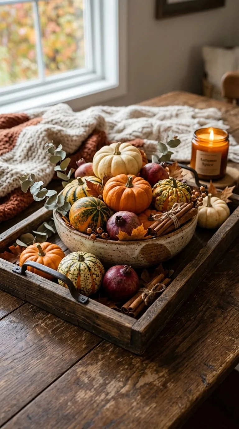 Autumn centerpiece with pumpkins, gourds, cinnamon sticks, candle on table.