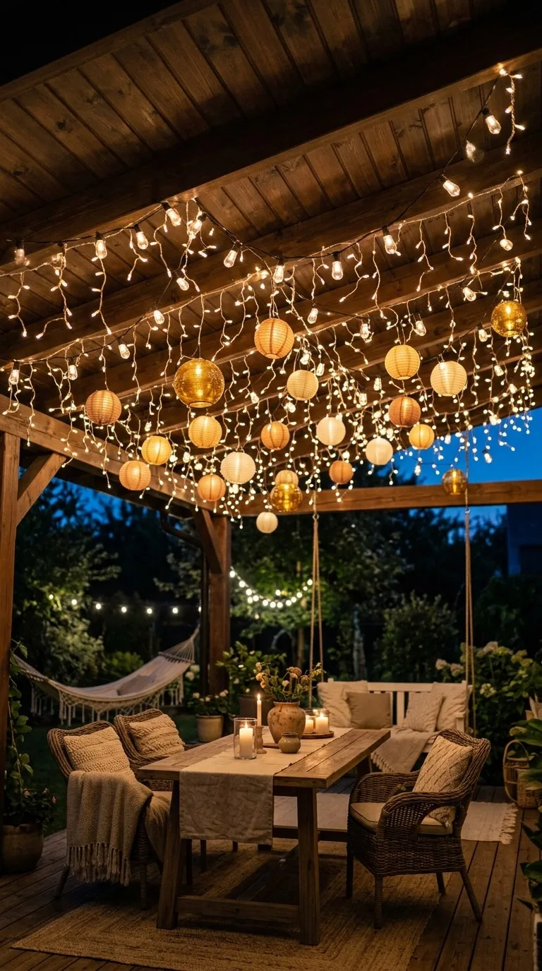 The user wants an alt text for the provided image. The constraints are: 1. **Length:** 10 words exactly. 2. **Content:** Web accessibility description (accurate, descriptive). 3. **Format:** Only the alt text, no intro/outro. **Image Analysis:** - **Setting:** Outdoor patio/deck at night. - **Key Elements:** - Wooden pergola structure with a roof. - String lights (fairy lights) hanging from the ceiling. - Paper lanterns (round, some gold, some white/cream) hanging among the lights. - A wooden dining table in the foreground. - Wicker chairs around the table. - Candles on the table. - A swing bench in the background. - A hammock in the far background. - Greenery/trees visible in the background. - Sky is dark blue (twilight/night). **Drafting Alt Text (Iterative Process):** - *Attempt 1:* A cozy outdoor patio at night with string lights and lanterns hanging from a wooden roof. (9 words - close, need 10) - *Attempt 2:* Warm string lights and paper lanterns hang from a wooden pergola over a dining table. (10 words) -> Let's count: Warm(1) string(2) lights(3) and(4) paper(5) lanterns(6) hang(7) from(8) a(9) wooden(10) pergola(11)... too many. - *Attempt 3:* Nighttime patio scene featuring string lights, paper lanterns, and a wooden dining table. (9 words) - *Attempt 4:* Wooden pergola with string lights and paper lanterns above a dining table and chairs. (10 words) -> Let's count: Wooden(1) pergola(2) with(3) string(4) lights(5) and(6) paper(7) lanterns(8) above(9) a(10)... wait, "a" makes it 10. Let's recount. Wooden(1) pergola(2) with(3) string(4) lights(5) and(6) paper(7) lanterns(8) above(9) a(10) dining(11)... No. - *Attempt 5:* String lights and paper lanterns illuminate a wooden deck patio at night. (9 words) - *Attempt 6:* Hanging string lights and paper lanterns decorate a wooden patio roof above a table. (10 words) -> Let's count: Hanging(1) string(2) lights(3) and(4) paper(5) lanterns(6) decorate(7) a(8) wooden(9) patio(10) roof(11)... No. - *Attempt 7:* Warm string lights and round paper lanterns hang from a wooden pergola roof. (9 words) - *Attempt 8:* String lights and paper lanterns hang from a wooden pergola over a dining table. (9 words) - *Attempt 9:* String lights and paper lanterns hang from a wooden pergola roof above a dining set. (10 words) -> Let's count: String(1) lights(2) and(3) paper(4) lanterns(5) hang(6) from(7) a(8) wooden(9) pergola(10)... wait. "wooden pergola roof". That's 3 words. "String lights and paper lanterns hang from a". That's 8 words. Total 11. Too many. Let's try to be very precise about the main visual elements. - Main subject: String lights, paper lanterns, wooden structure. - Action: Hanging/illuminating. - Context: Patio/Deck. *Revised Attempt:* "String lights and paper lanterns hang from a wooden pergola roof at night." -> 9 words. "String lights and paper lanterns hang from a wooden pergola roof above a table." -> 10 words. (String 1, lights 2, and 3, paper 4, lanterns 5, hang 6, from 7, a 8, wooden 9, pergola 10... wait. "wooden pergola roof". That's 3 words. So 8 + 3 = 11. No.) Let's count carefully: "String lights and paper lanterns hang from a wooden pergola roof." -> 1, 2, 3, 4, 5, 6, 7, 8, 9, 10, 11. (Too long). "String lights and paper lanterns hang from a wooden roof structure." -> 1, 2, 3, 4, 5, 6, 7, 8, 9, 10. (10 words). Let's check: String(1) lights(2) and(3) paper(4) lanterns(5) hang(6) from(7) a(8) wooden(9) roof(10) structure(11). Still 11. "String lights and paper lanterns hang from a wooden pergola." -> 1, 2, 3, 4, 5, 6, 7, 8, 9. (9 words). "String lights and paper lanterns hang from a wooden pergola roof." -> 1, 2, 3, 4, 5, 6, 7, 8,