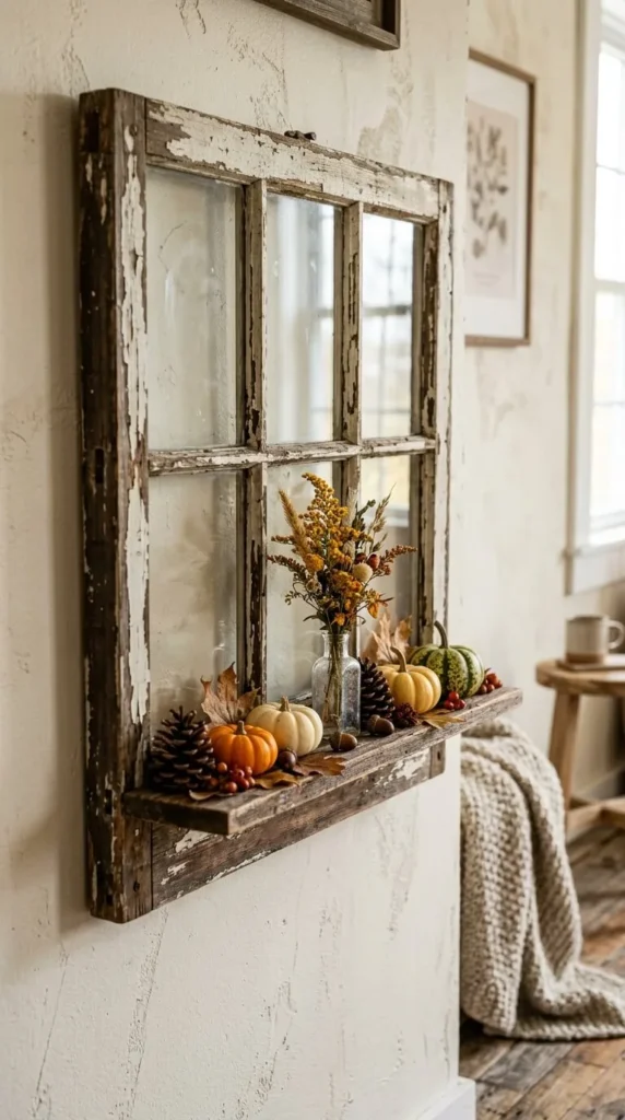 Rustic window frame shelf holds pumpkins pinecones autumn flowers decor