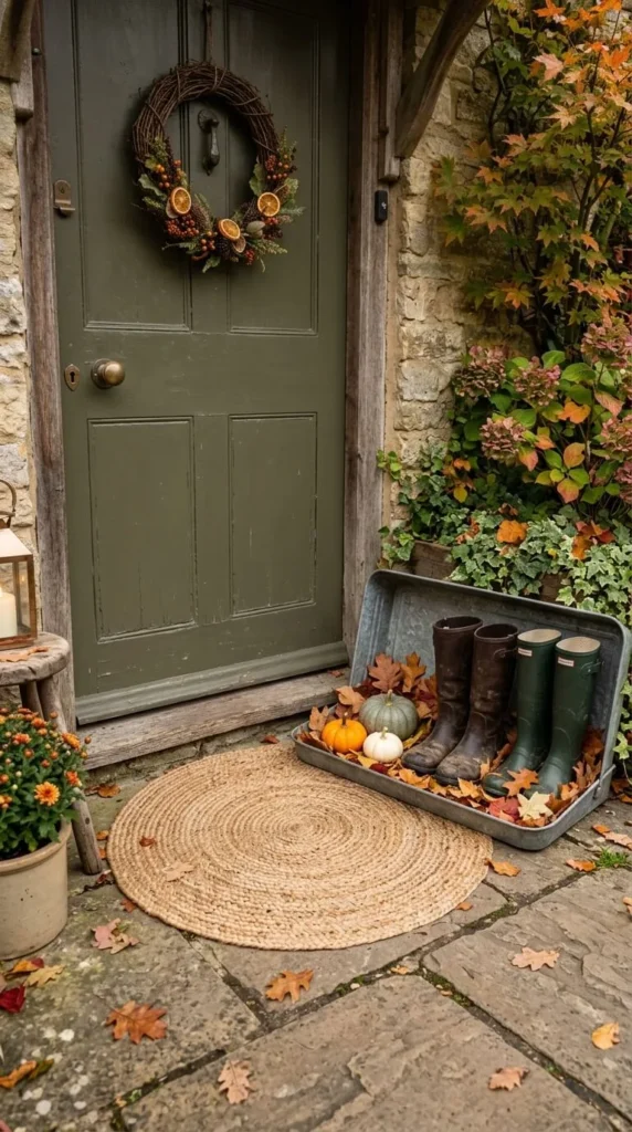 Green door with wreath, boots in tray, pumpkins, autumn leaves