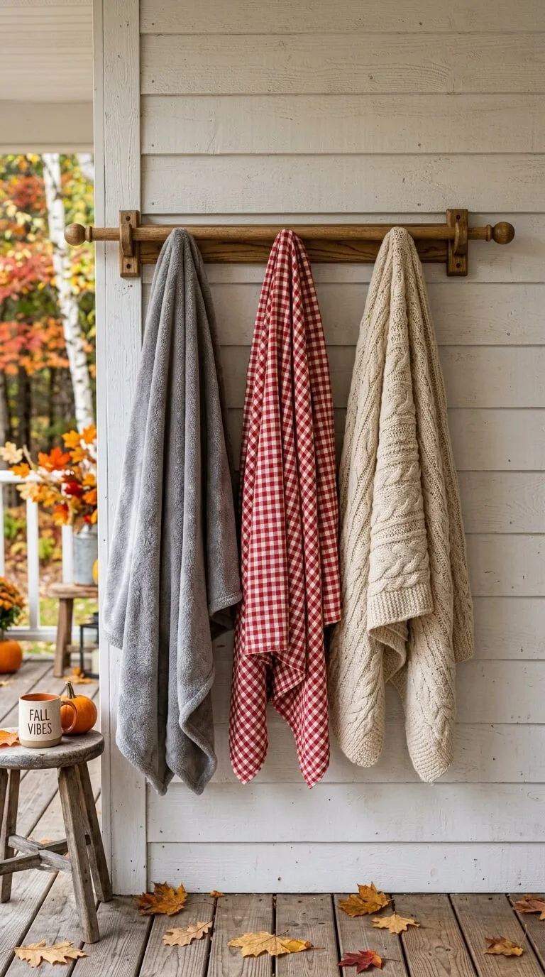 Three towels hang on wooden rack, autumn leaves on porch.