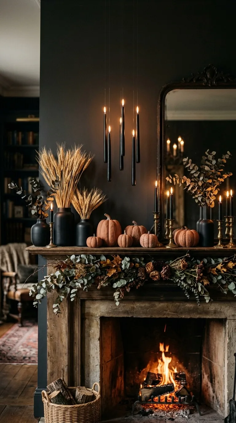A cozy fireplace mantel decorated with pumpkins candles and greenery