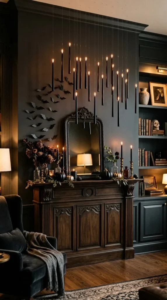 Dark room with hanging candles, mirror, and Halloween decorations displayed.