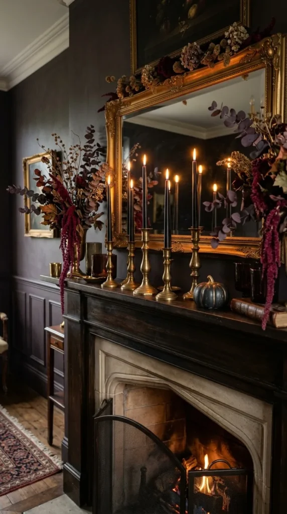 Elegant fireplace mantel with lit candles mirror autumn flowers warmth