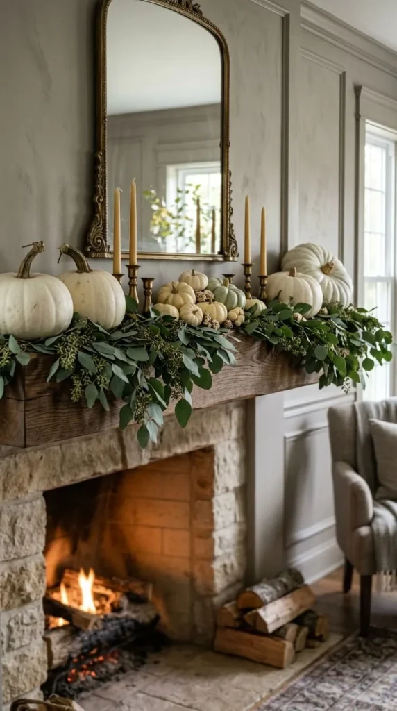 White pumpkins green garland candles on stone fireplace mantel mirror
