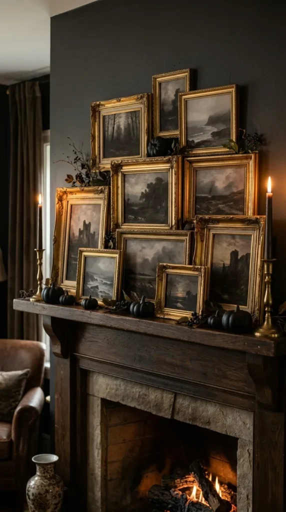 Fireplace mantel shows gold frames, black pumpkins, lit candles, fire.