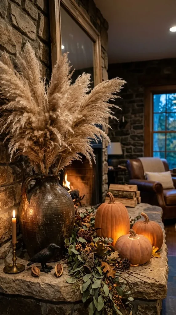 Stone fireplace mantel displays pumpkins, candle, vase, autumn foliage arranged.
