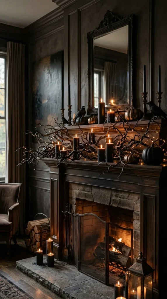 Dark cozy fireplace mantel with candles pumpkins and decorative branches