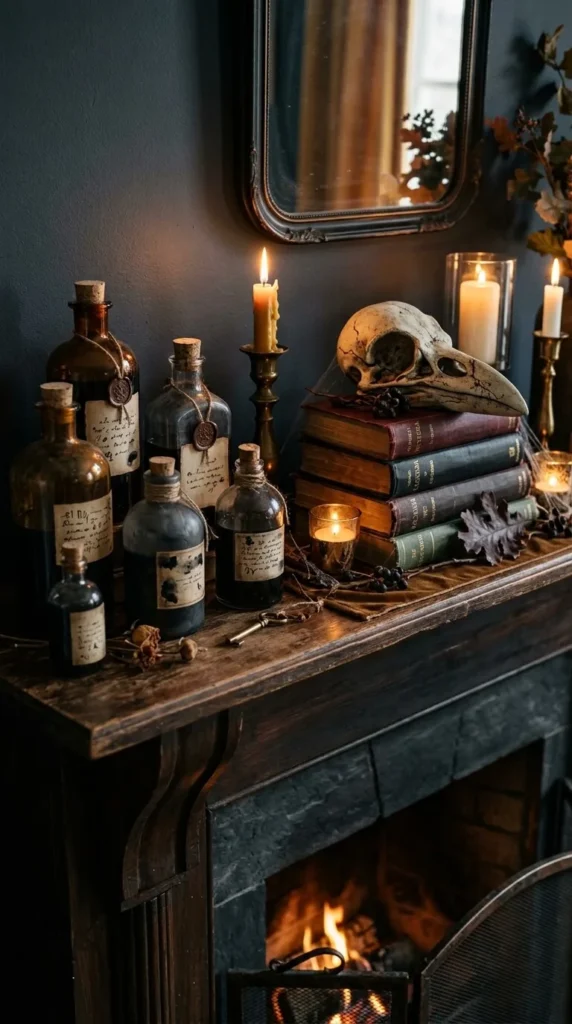 Dimly lit mantel with bottles skull books candles and fireplace