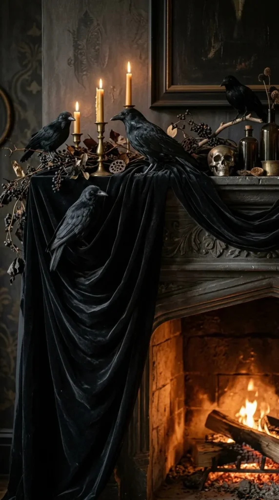 Gothic fireplace with black ravens, candles, skull, and velvet drape.
